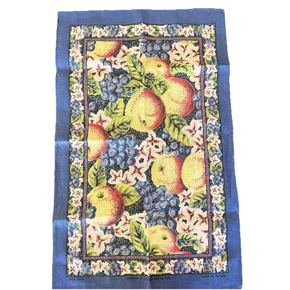 VTG Ulster Pure Irish Linen Tea Towel RAMONA Fruit Pear Grape Floral Purple